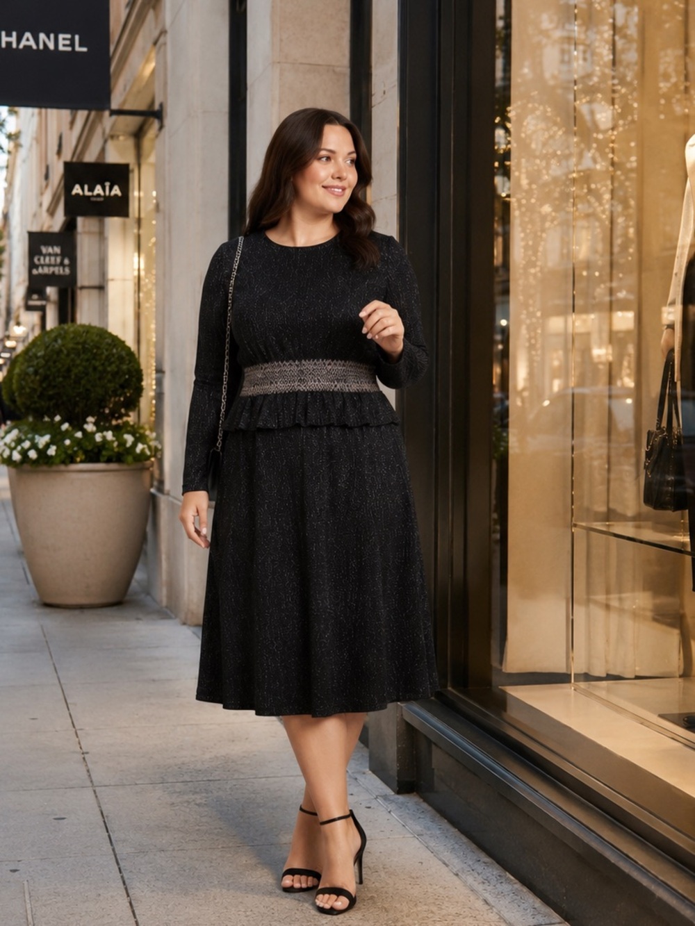 VTG Ginger Black & Metallic Knit Peplum Waist Midi Dress sz XLT *SEE DESCR 4 FIT